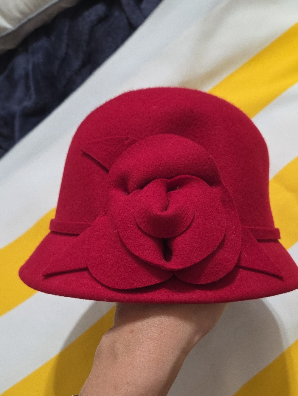 Classic Red Floral Wool Cloche Hat -